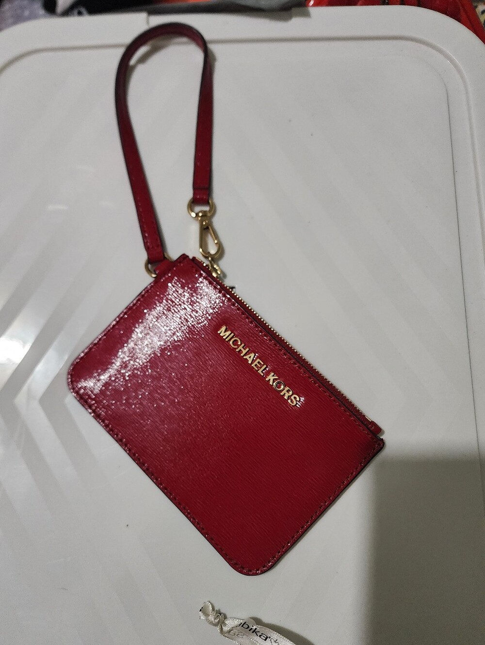 Michael Kors Jet Set Travel Sm Wristlet Wallet Pouch Red Gold Saffiano leather